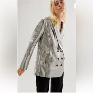 Free People Nicholas K Elise Blazer Jacket Silver Metallic Ruffle Cut Out Back